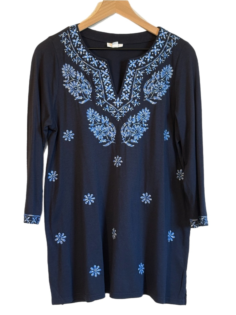 J. Jill Navy Tunic Floral Embroidery Notch Neck 3/4 Sleeves Cotton Tencel Navy S